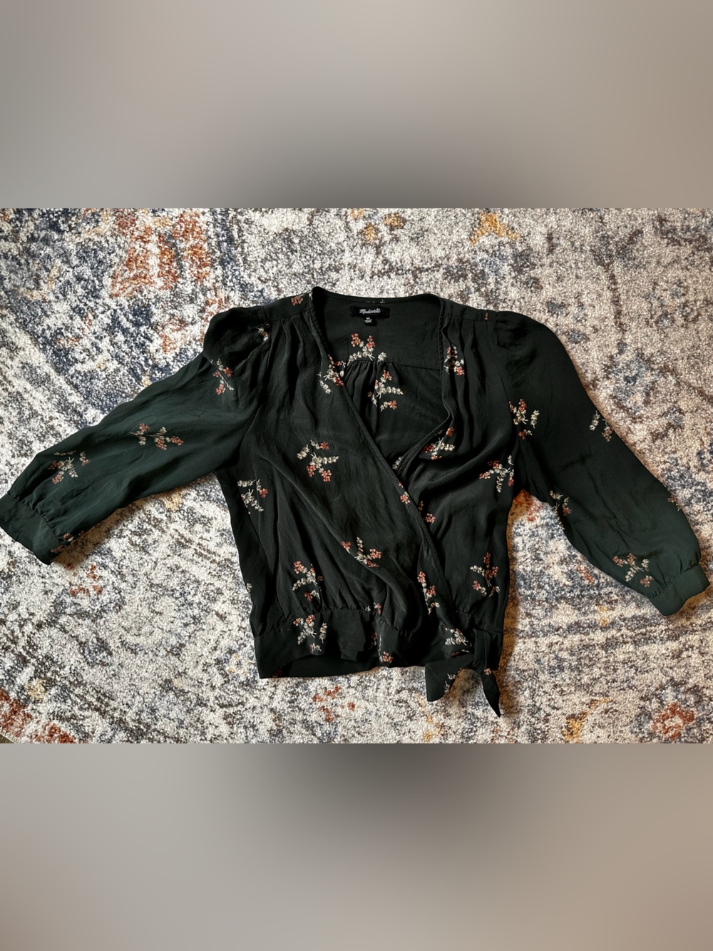 Madewell Dark Green Floral Wrap Top with Pink Accents
